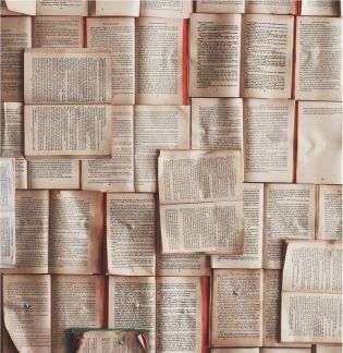 Livres ouverts disposés en grille avec du texte visible sur chaque page. Les pages sont légèrement froissées et usées.