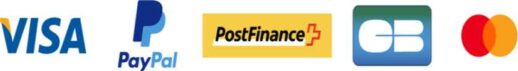 Logos de Visa, PayPal, PostFinance, Carte Bancaire et Mastercard affichés sur une rangée. Logos de Visa, PayPal, PostFinance, Carte Bancaire et Mastercard affichés sur une rangée.