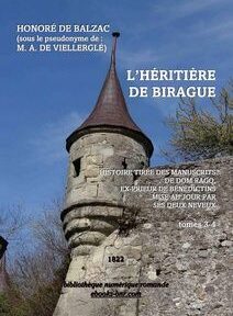 Couverture de « L’Héritière de Birague » d’Honoré de Balzac montrant deux tours de pierre médiévales sur fond de ciel bleu avec un texte détaillant l’auteur, le titre et les informations de publication. Couverture de « L’Héritière de Birague » d’Honoré de Balzac montrant deux tours de pierre médiévales sur fond de ciel bleu avec un texte détaillant l’auteur, le titre et les informations de publication.