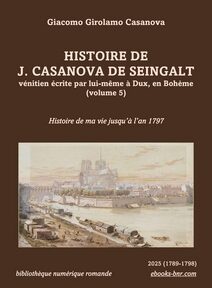 Casanova Histoire de ma vie vol 5 ; l'illustration représente lapointe de l'île de la cité en 1750 par Fédor Hoffbauer Casanova_Histoire de ma vie vol 5 l'illustration représente le chevet de Notre-Dame de Paris, quai, pointe de l'île de la Cité, évêché, cloître, pont-au-Double, quai des Tournelles. la Seine, grève, activité fluviale, portuaire, petits métiers, bateau lavoir, marnois, entrepôt de marchandise, porteur, lavandière, charrette, porteur d'eau reconstitué de 1750 par Fédor Hoffbauer