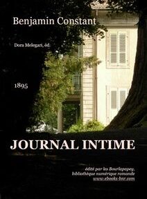 Couverture du « Journal intime » de Benjamin Constant, édité par Dora Melegari. On y voit une maison aux volets blancs entourée d'arbres. Publié en 1895.
