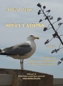 Couverture de livre représentant une mouette perchée sur un rebord avec une plante sèche et clairsemée en arrière-plan. Le titre « Spéculations » d'Alfred Jarry est mis en évidence en texte doré. Couverture de livre représentant une mouette perchée sur un rebord avec une plante sèche et clairsemée en arrière-plan. Le titre « Spéculations » d'Alfred Jarry est mis en évidence en texte doré.