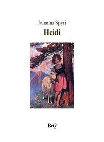 Une couverture de livre pour « Heidi » de Johanna Spyri, comportant une illustration d'une jeune fille debout à côté d'une chèvre dans un paysage montagneux, avec le nom et le titre de l'auteur bien affichés.