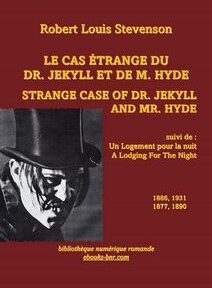 Couverture du livre « L'étrange cas du Dr Jekyll et de M. Hyde » de Robert Louis Stevenson. Elle représente un homme à l'allure sinistre avec un chapeau et comprend du texte en français et en anglais.